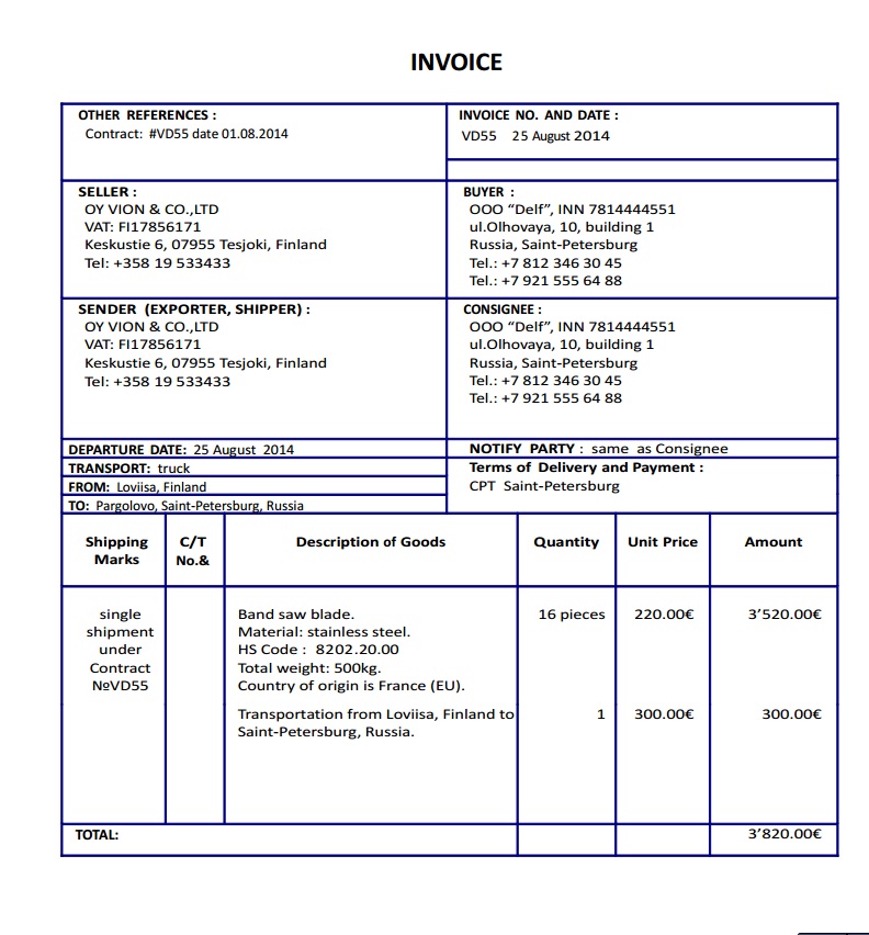 Образец заполнения commercial invoice