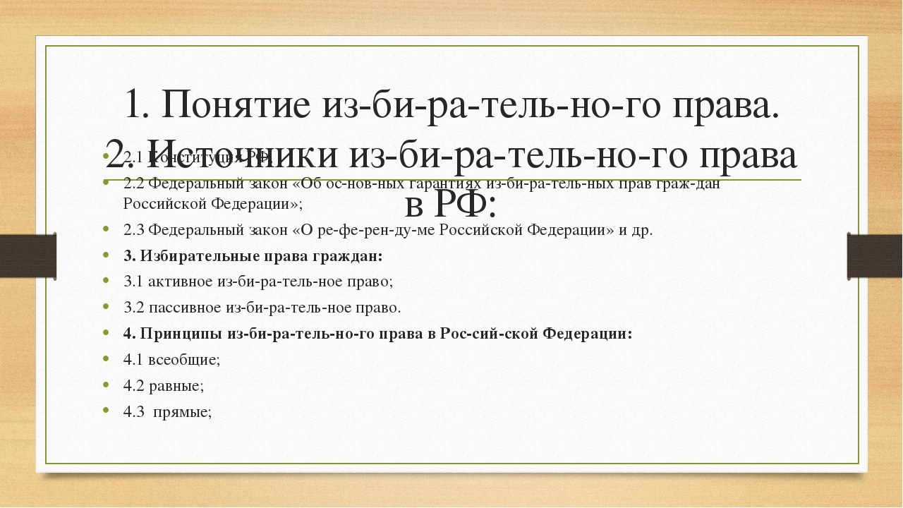 План по теме правовые основы избирательного права в рф